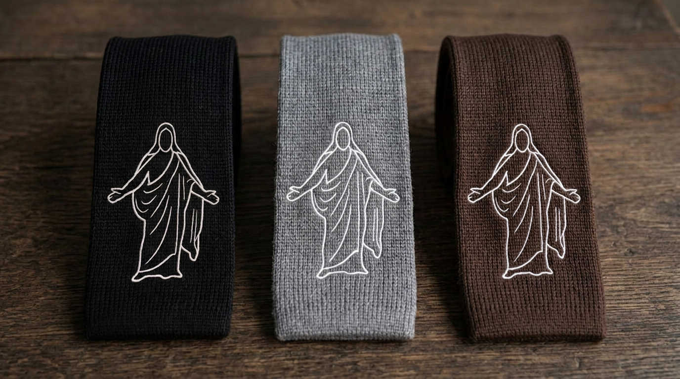 The original Set Apart Christus ties in black, grey, and brown on a wooden table